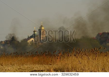 Coastal Zone Of Marsh Creek, Strong Smoke From Fire Of Liana Overgrowth. Spring Fires Of Dry Reeds D