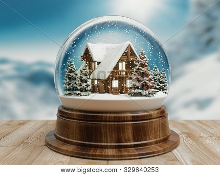 Beautiful Snow Ball Or Snowglobe With Snowfall And Mountain House Inside. 3d Rendering