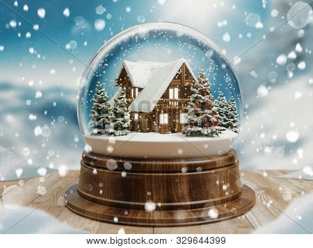 Beautiful Snow Ball Or Snowglobe With Snowfall And Mountain House Inside. 3d Rendering