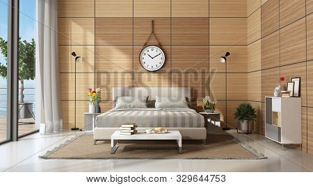 Mastre Bedroom With Double Bed Against Wooden Paneling - 3d Rendering