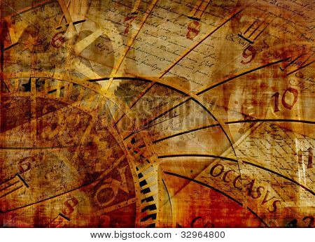 Grungy design with mysterious time machines, clock and old letters composition in warm tone