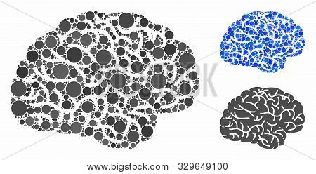 Brain Mosaic Of Spheric Dots In Different Sizes And Color Tones, Based On Brain Icon. Vector Dots Ar