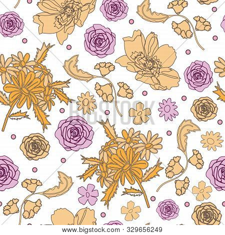 French Rose-love In Parise Seamless Repeat Pattern. Romantic Background Illustration With Roses And 