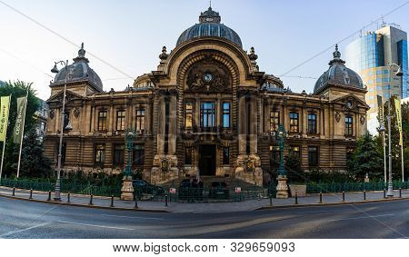 Bucharest Historical Building. Panoramic View Of Cec Palace, Landmark Of Old Town Bucharest, Romania