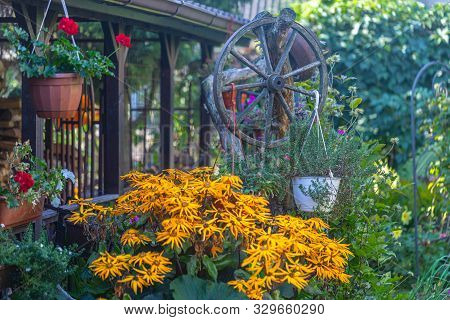 View Of The Veranda And The Autumn Garden Full Of Flowers Of Different Colors With The Design Of A W