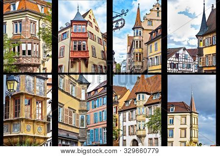 Collage Of House Exterior Architectural Structure Called Oriel, In Colmar, Alsace, France