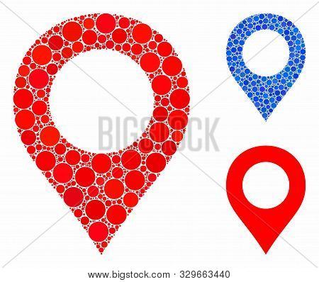 Map Marker Mosaic Of Small Circles In Variable Sizes And Color Tones, Based On Map Marker Icon. Vect