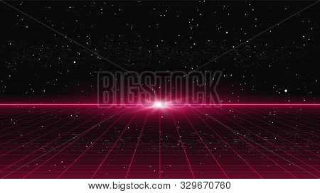 Retrowave Style Red Laser Perspective Grid With Flash Light On Horizon On Starry Space Background. R