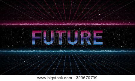 Retrowave Pink And Blue Laser Perspective Grid Bottom And Top With Electric Horizons On Starry Space