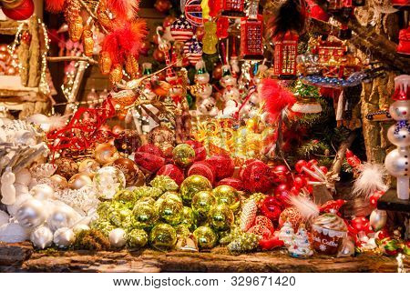 Various glass Christmas baubles for sale at Christmas market (Christkindlmarkt) stall in Central Berlin, Germany