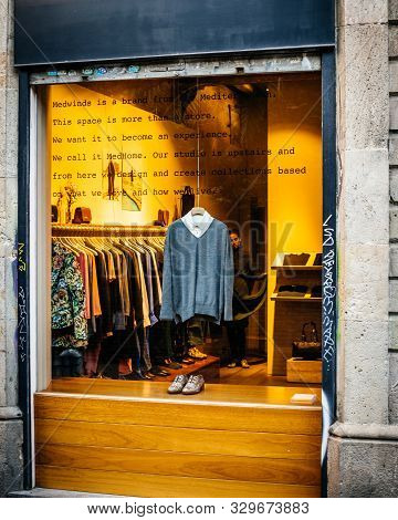 Barcelona, Spain - Nov 14, 2017: Blazer For Sale Iconic Medietarnian Fashion Store Med Winds Facade.