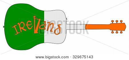 A Typical Acoustic Guitar Silhouette Isolated Over A White Background With An Irish Flag