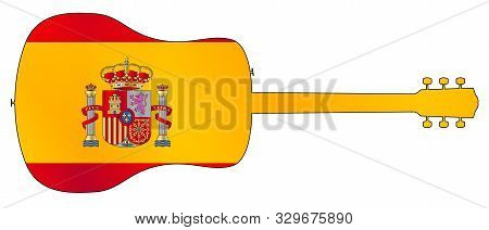 A Typical Acoustic Guitar Silhouette Isolated Over A White Background With A Spanish Flag