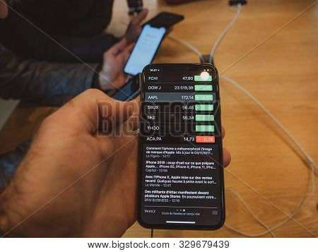 Paris, France - Nov 3, 2017: Customers Admiring Inside Apple Store The Latest Professional Iphone X 