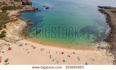 Aerial. View From The Sky Of The Beach Of Ingrina Villa To Bishpo. Portugal Algarve