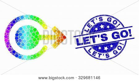 Pixel Spectral Logout Mosaic Icon And Let S Go Exclamation Stamp. Blue Vector Rounded Textured Stamp