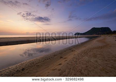Scene Of Beautiful Sky Before Sunrise At Pranburi Beach, Prachuabkirikhan, Thailand