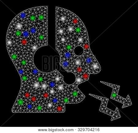 Bright Mesh Operator Shout With Glare Effect. White Wire Carcass Polygonal Mesh In Vector Format On 
