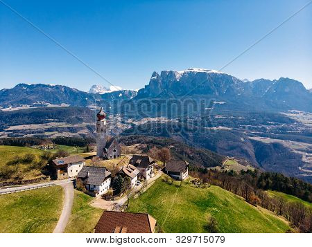 Church In Renon Ritten Bolzano Alps Italy. Aerial View