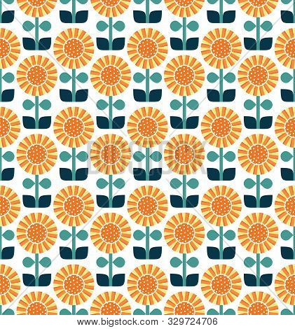 Cute Sunflower Seamless Repeat Seamless Pattern. Yellow, Orange, Blue, Green.