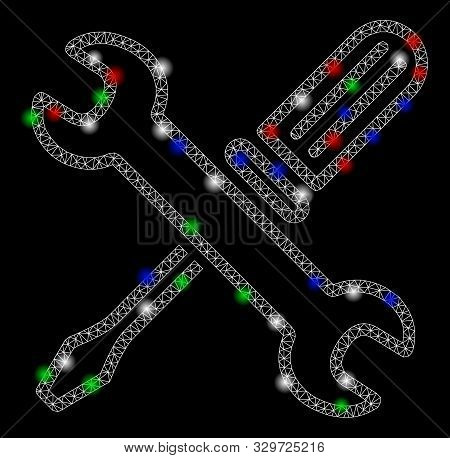Bright Mesh Tuning Tools With Glow Effect. White Wire Frame Polygonal Mesh In Vector Format On A Bla