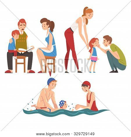 Loving Parents And Their Kids Set, Father, Mother And Chilren Spending Good Time Together, Happy Fam