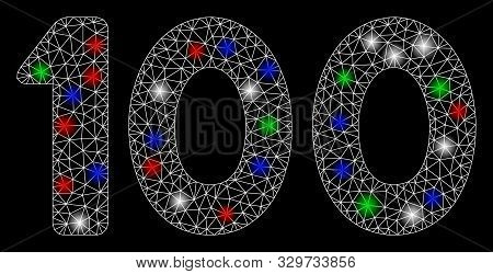 Bright Mesh 100 Digits Text With Glow Effect. White Wire Frame Polygonal Mesh In Vector Format On A 