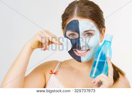 Girl Remove Black White Mud Mask From Face