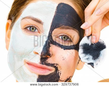 Girl Remove Black White Mud Mask From Face