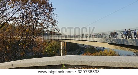 Kiev. Ukraine. October 18, 2019 Observation Deck Of The Pedestrian Bridge Across Vladimirsky Descent