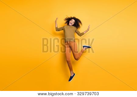 Full Length Body Size Photo Of Curly Wavy Pretty Sweet Excited Crazy Girlfried Wearing Orange Pants 