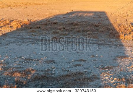 A Safari Truck Casting A Long Shadow Around Sunset In Etosha National Park, Namibia