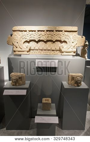 Prachin Buri, Thailand - August 26, 2019: Lintel Khmer Art In Thailand 607-657 Ad. In Prachin Buri N