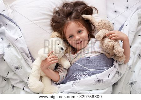 Image Of Girl Lying With Fluffy Teddy Bear And Dog Before Giving Them Big Hug, Beautiful Kid Relaxin