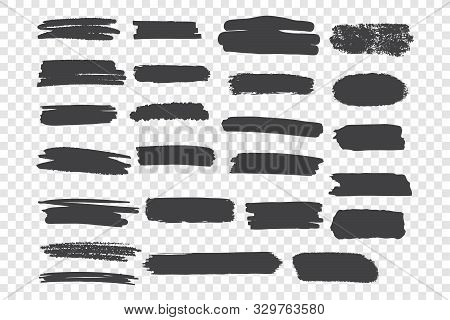 Brushstroke Smudges Vector Illustrations Set. Black Paint Drawings, Horizontal Blobs Pack. Grunge In