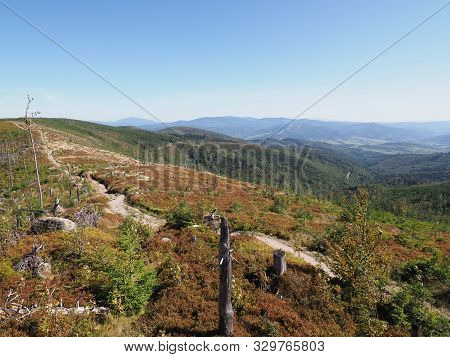 Path At Silesian Beskids Mountains Range Landscapes Near Salmopol Pass Above European City Of Szczyr