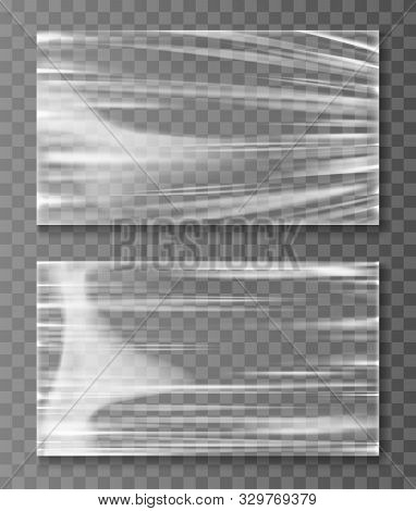 Stretched Cellophane Banner, Realistic Crumpled Or Folded Texture Vector Illustration. Clear Transpa
