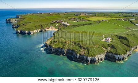 An Aerial Shot Of Flamborough Cliffs Captured By Drone. Yorkshire Coastline In The Summer.
