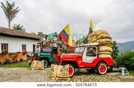 Willy Jeeps In The Village Of Salneto Next To The Valley Of Salento In Colombia On 21th March 2019