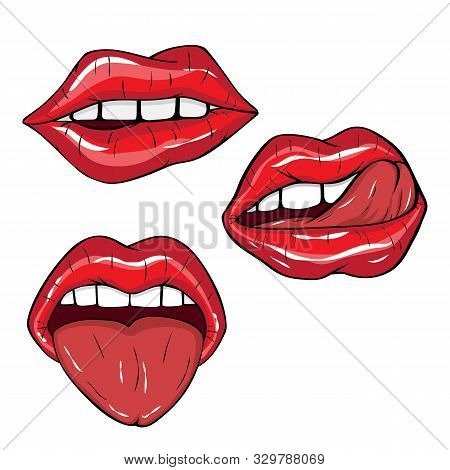 Vector Illustration.  Sexy Three Red Lips On White Background In The Style Of Comics. Vector Illustr