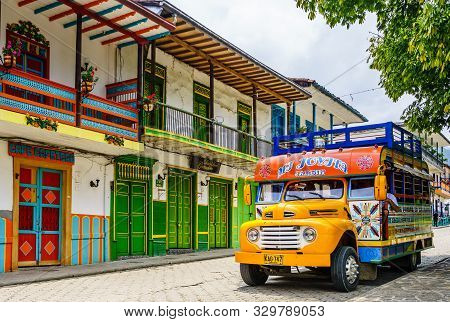 View On Typical Colorful Chicken Bus In Jardin, Antioquia, Colombia, South America On 27th March 201