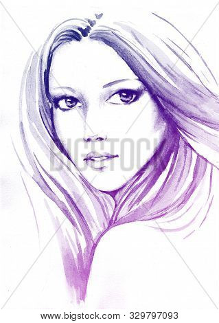 Beautiful Young Women With Short Bob Haircut Hair, Hand Paint Watercolor Portrait  Illustration.