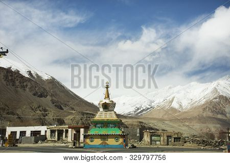 Jammu Kashmir, India - March 22 : Stupa Or Chedi On Roundabout Of Khardung La Road In Nubra Tehsil V