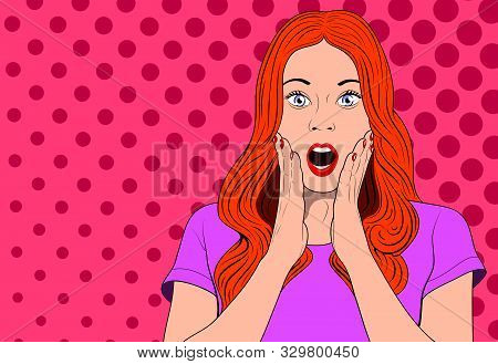 Sexy Surprised Redhead Girl In Dress On Striped Pink Background. Colorful Vector Illustration Of Wom