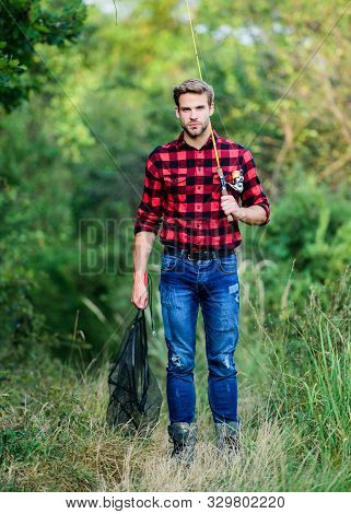 Ready For Fishing. Fisher Hold Fish Net. Hobby. Fisherman With Fishing Rod. Man In Cowboy Hat. Weste