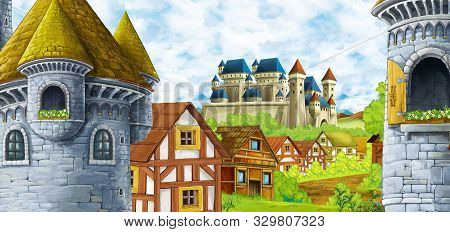 Cartoon Scene With Kingdom Castle And Mountains Valley Near The Forest And Farm Village Settlement I
