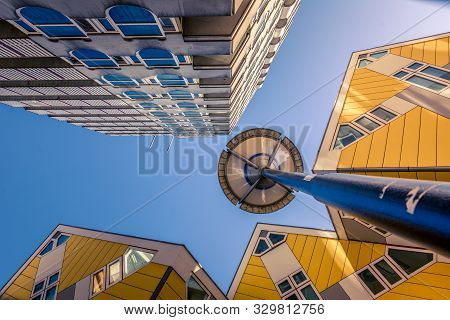 Rotterdam, Netherlands, September 2019: Low Angle View Of The Cube Houses (kubuswoningen) And Blaakt