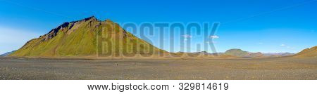 Iceland Landscape Panorama: Emstrur Surroundings. Green Mountain And Lava Soil