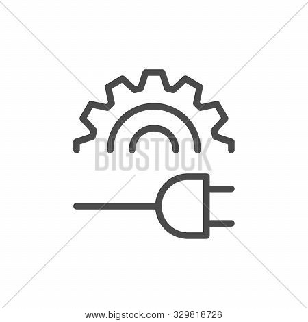 Plug Setting Line Outline Icon Isolated On White. Cogwheel And Electric Cable. Process Connection. T