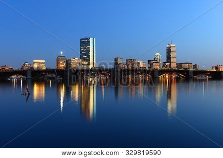 Boston Back Bay Skyline John Hancock Tower And Prudential Center Night Scenes, Viewed From Cambridge
